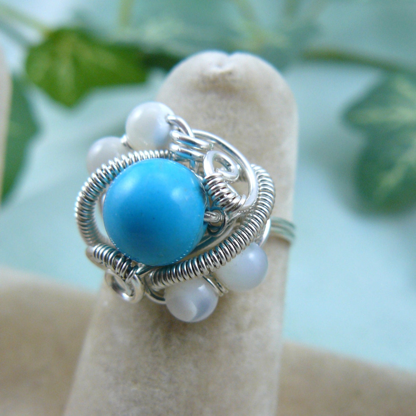 Turquoise Magnesite and Mother of Pearl Wire Wrapped Bead Ring ~ Size 6 1/2 US