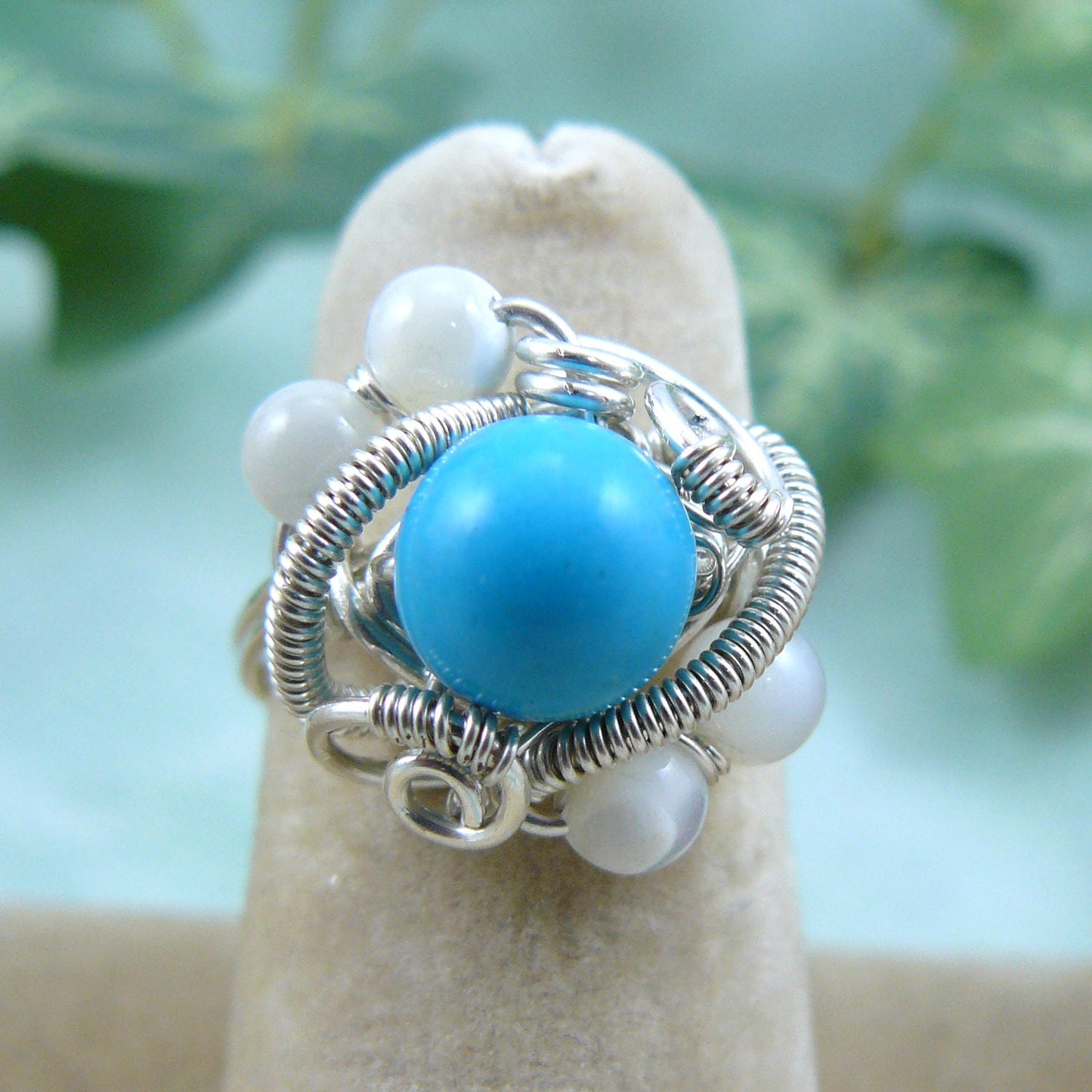 Turquoise Magnesite and Mother of Pearl Wire Wrapped Bead Ring ~ Size 6 1/2 US