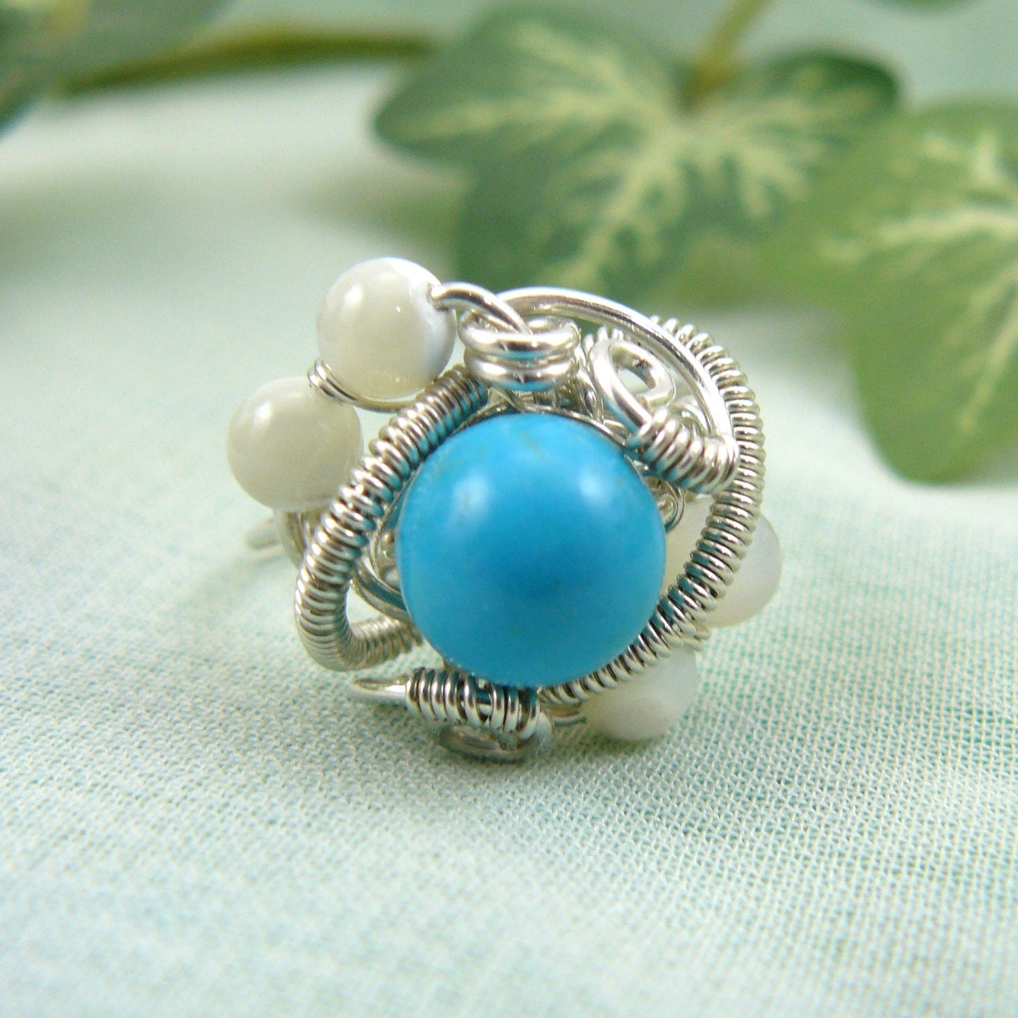 Turquoise Magnesite and Mother of Pearl Wire Wrapped Bead Ring ~ Size 6 1/2 US