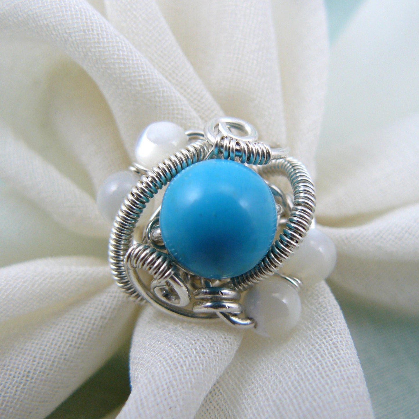 Turquoise Magnesite and Mother of Pearl Wire Wrapped Bead Ring ~ Size 6 1/2 US
