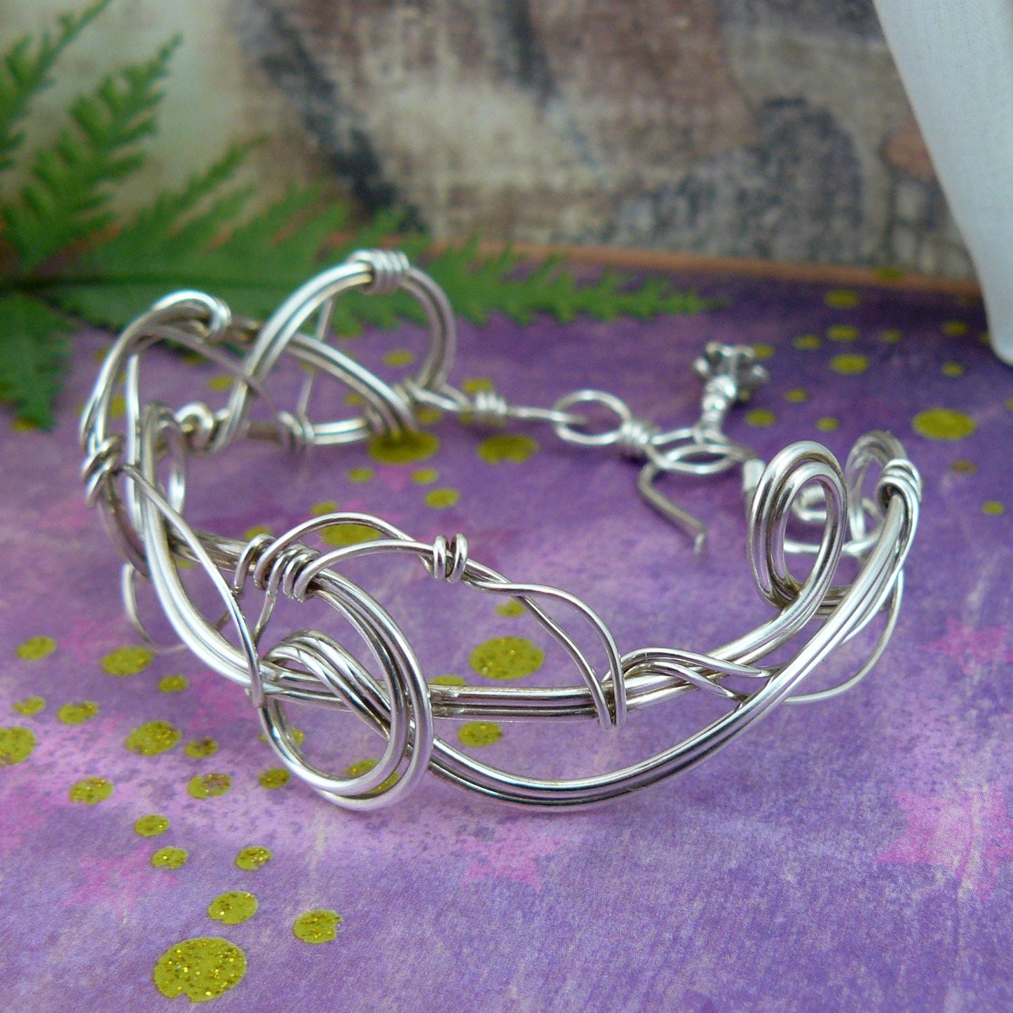 Whimsical Sculpted Silver Wire Art Nouveau Style Cuff Bracelet