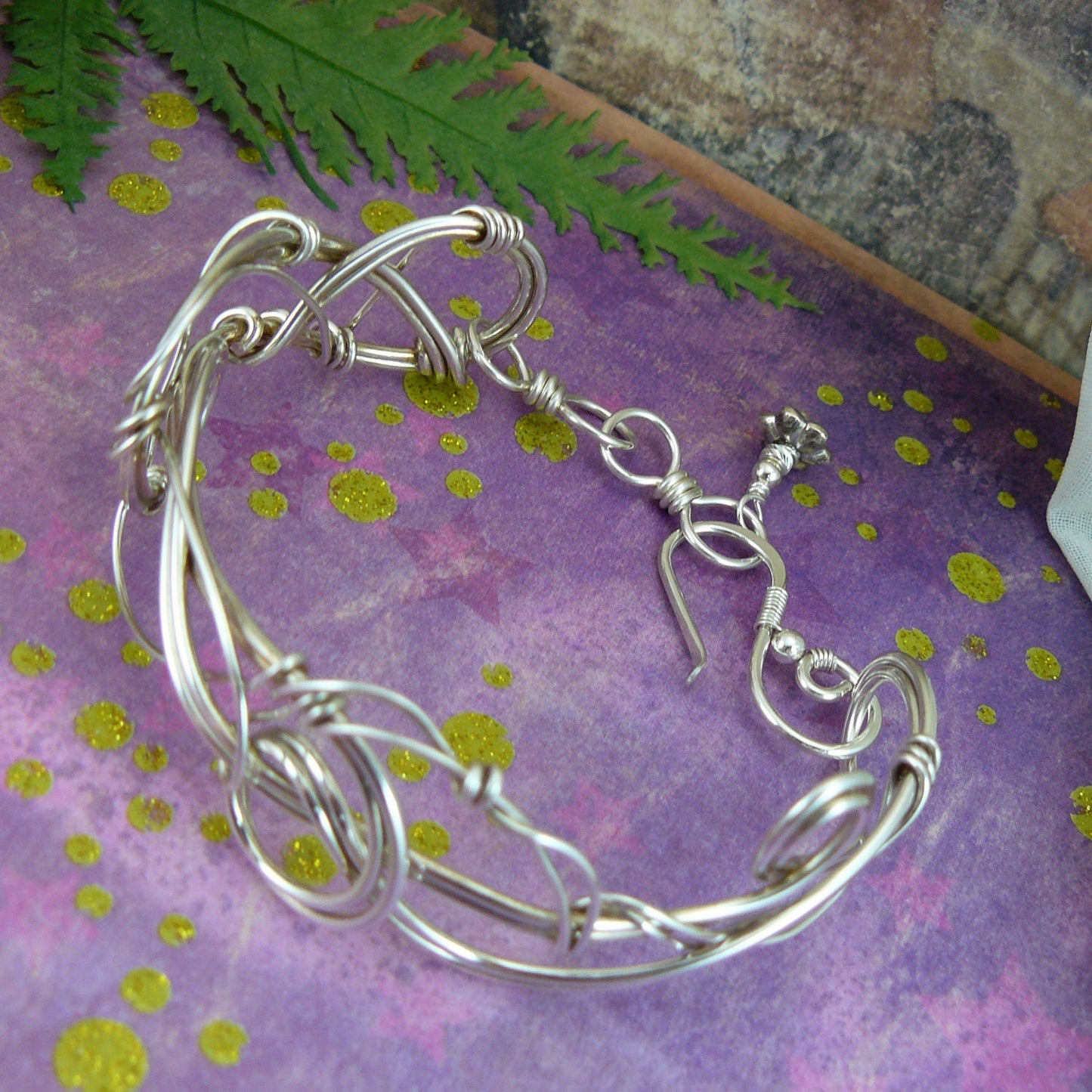 Whimsical Sculpted Silver Wire Art Nouveau Style Cuff Bracelet
