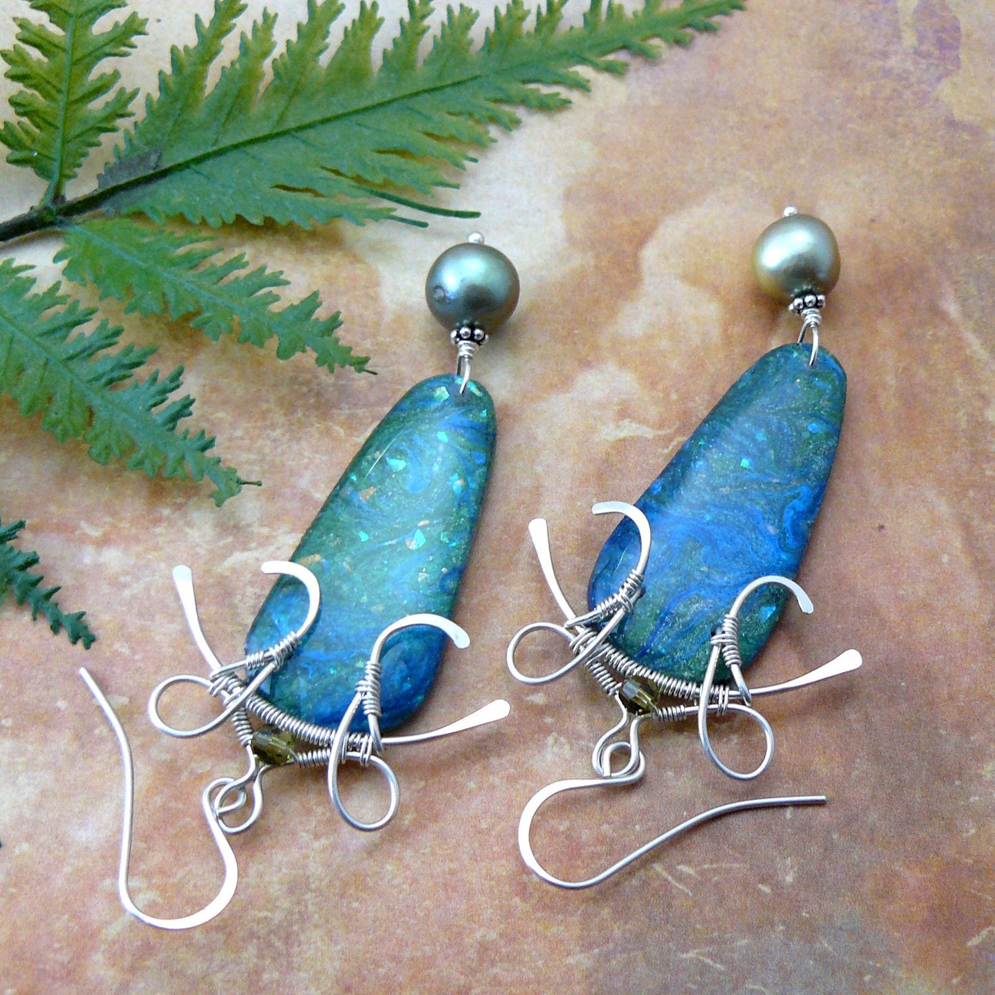 Ocean Blue Resin Painting Wire Wrapped Pagoda Shield Earrings
