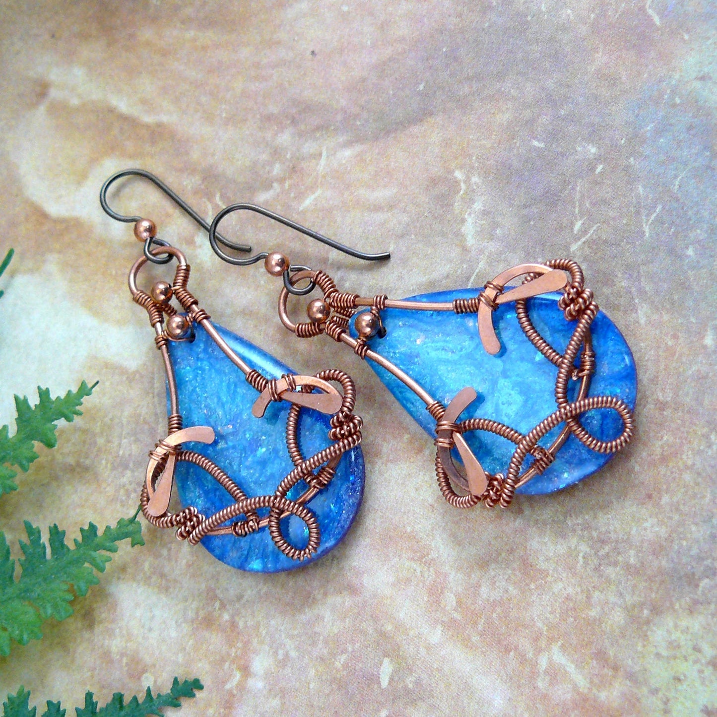 Copper Wire Wrapped Resin Painting Teardrop Earrings