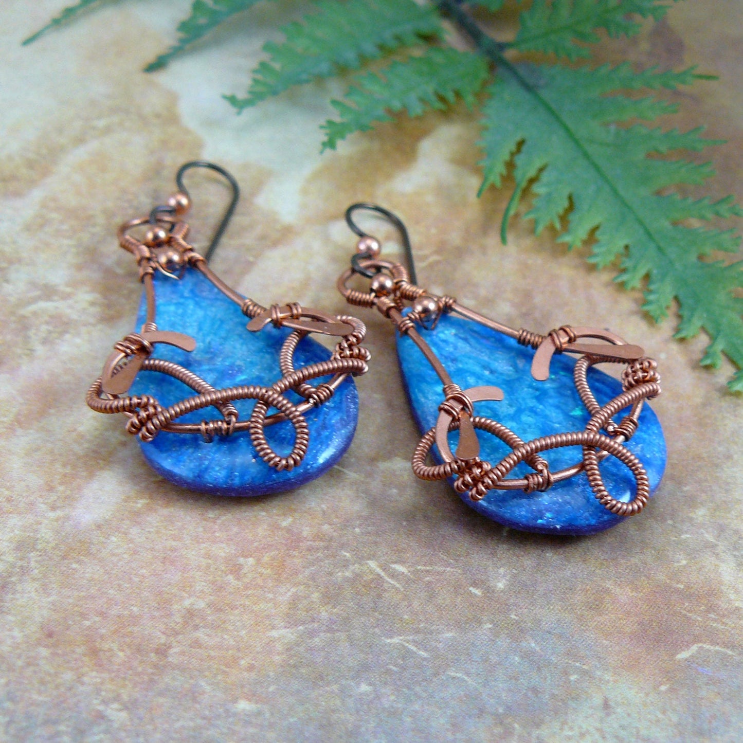 Copper Wire Wrapped Resin Painting Teardrop Earrings