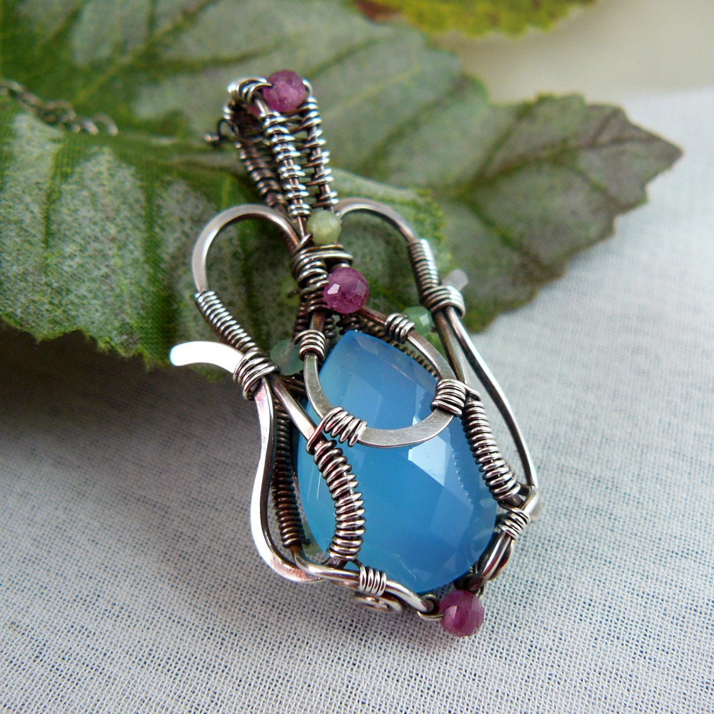 Blue Chalcedony, Green Chrysoprase, and Pink Ruby Wire Wrapped Art Nouveau Style Teardrop Pendant