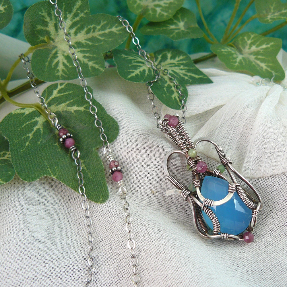 Blue Chalcedony, Green Chrysoprase, and Pink Ruby Wire Wrapped Art Nouveau Style Teardrop Pendant