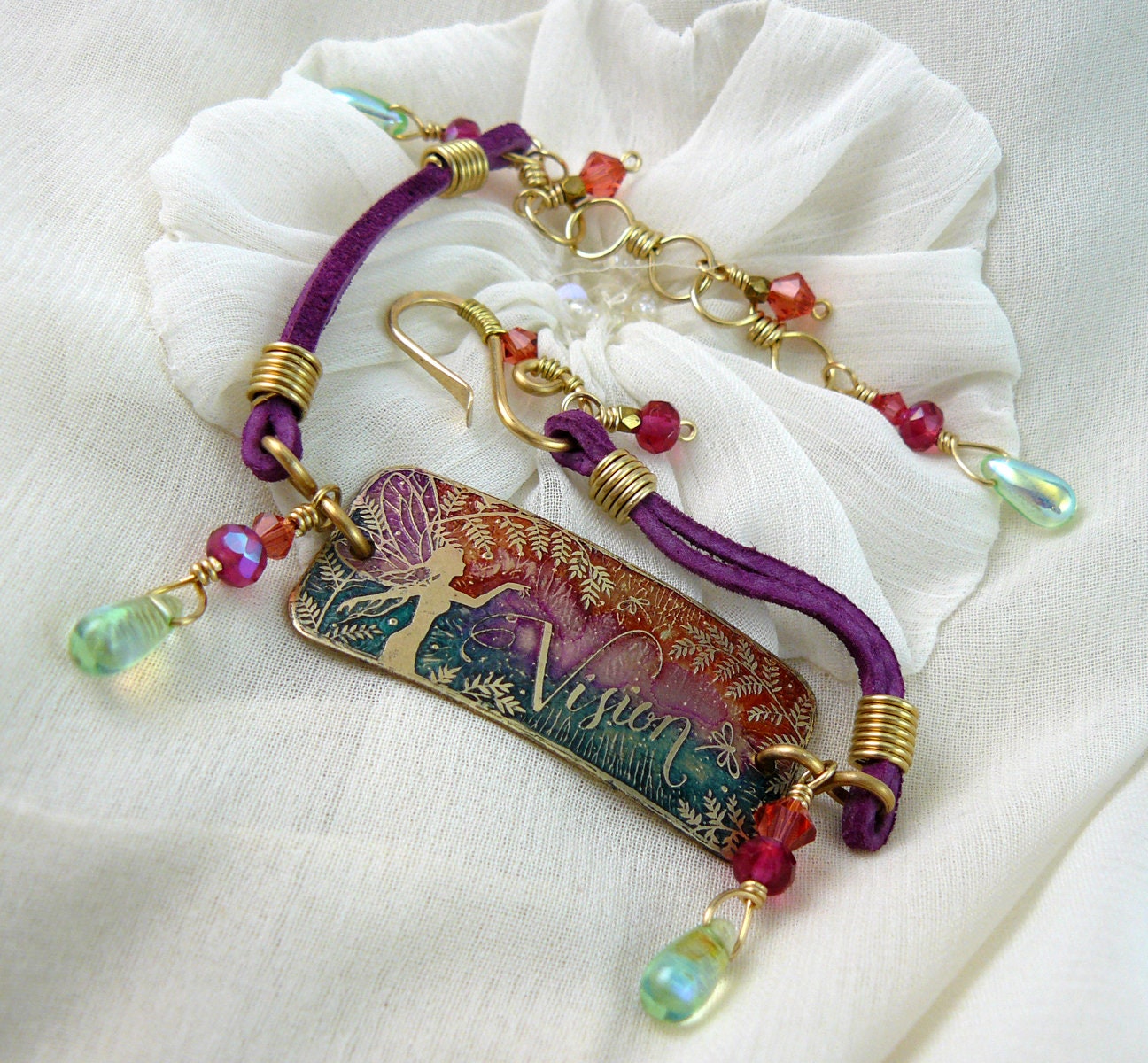 Fairy Vision Bracelet ~ Etched Metal Fairy Silhouette Art Beaded Bracelet