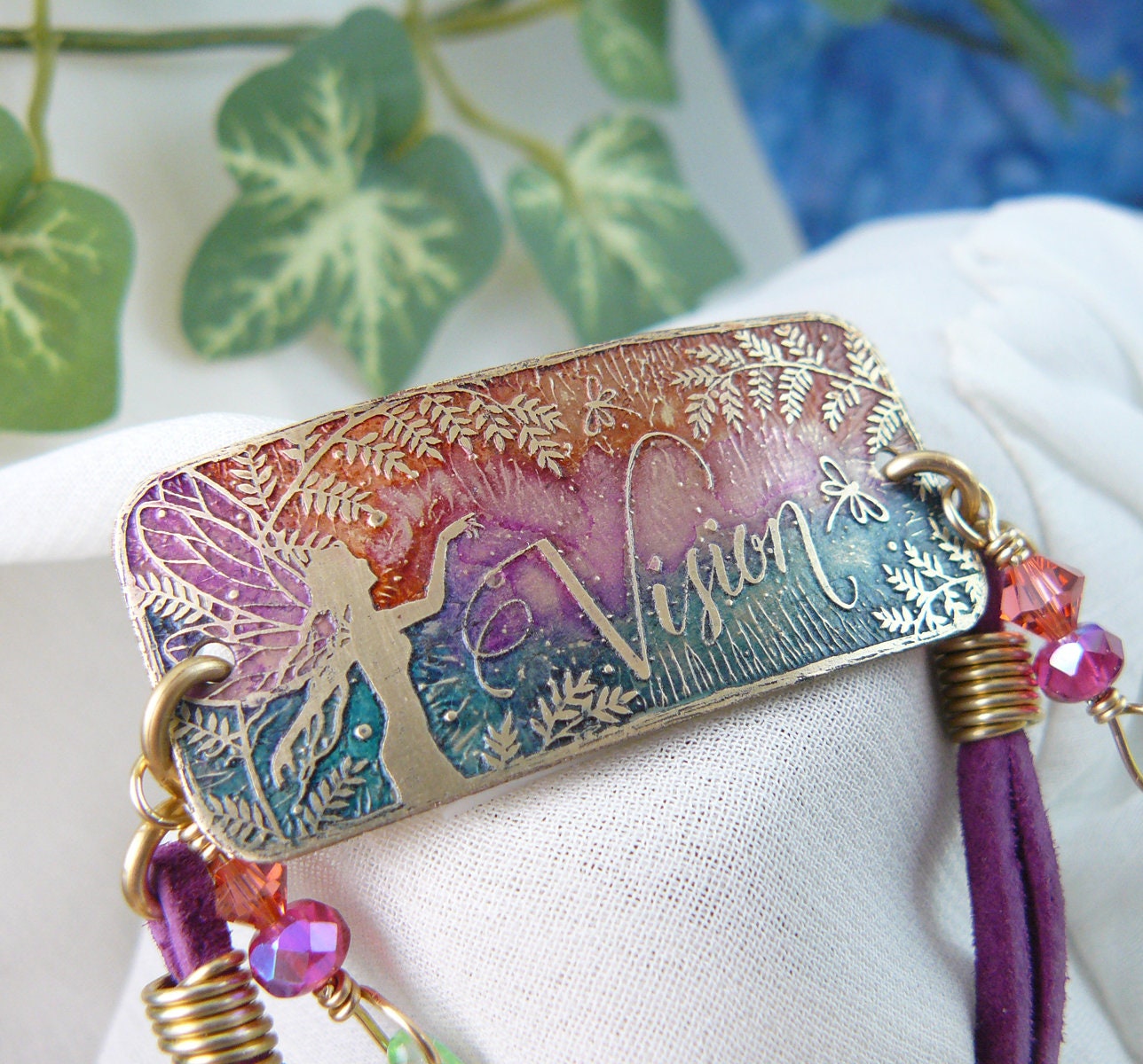 Fairy Vision Bracelet ~ Etched Metal Fairy Silhouette Art Beaded Bracelet