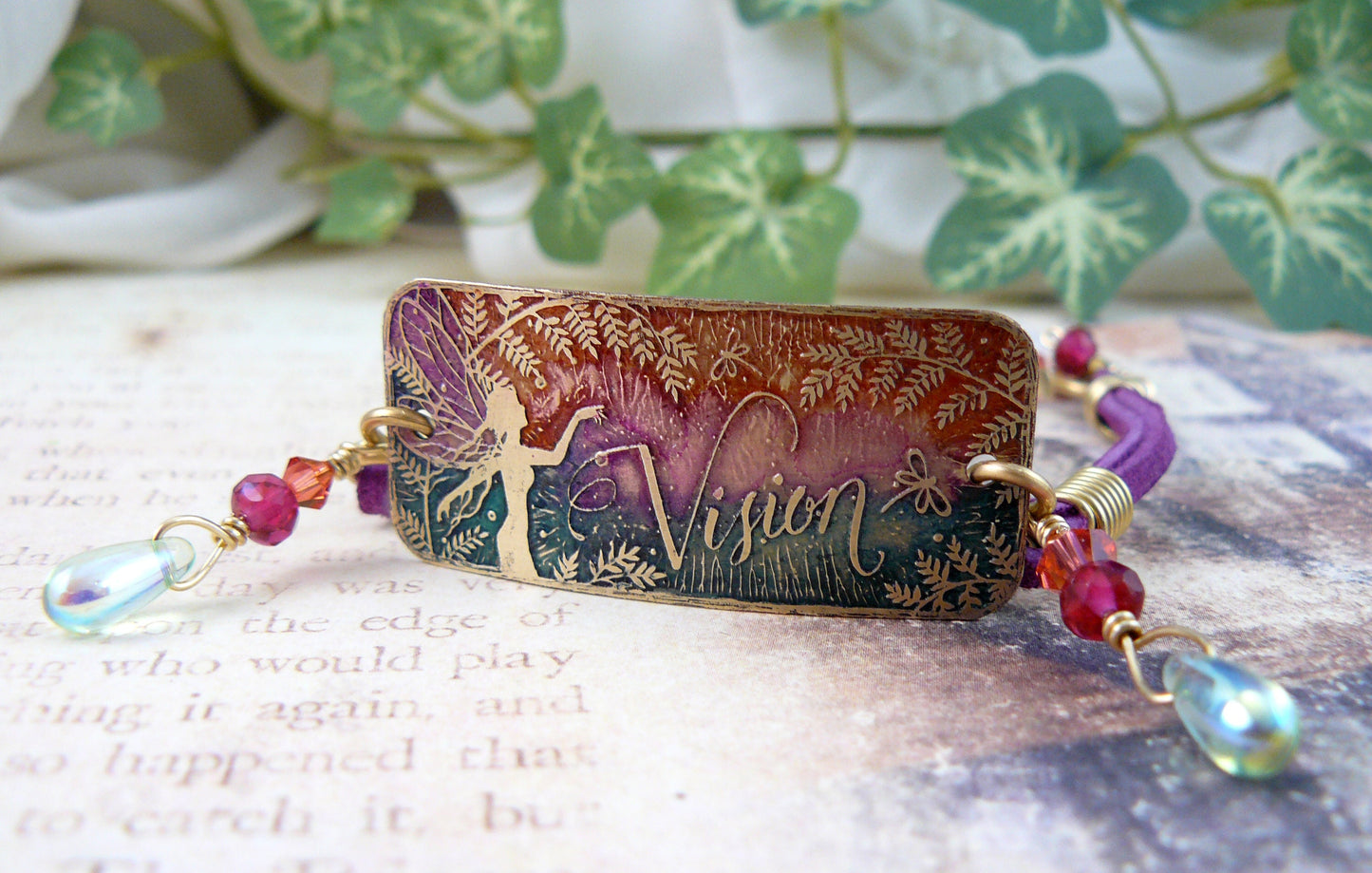 Fairy Vision Bracelet ~ Etched Metal Fairy Silhouette Art Beaded Bracelet