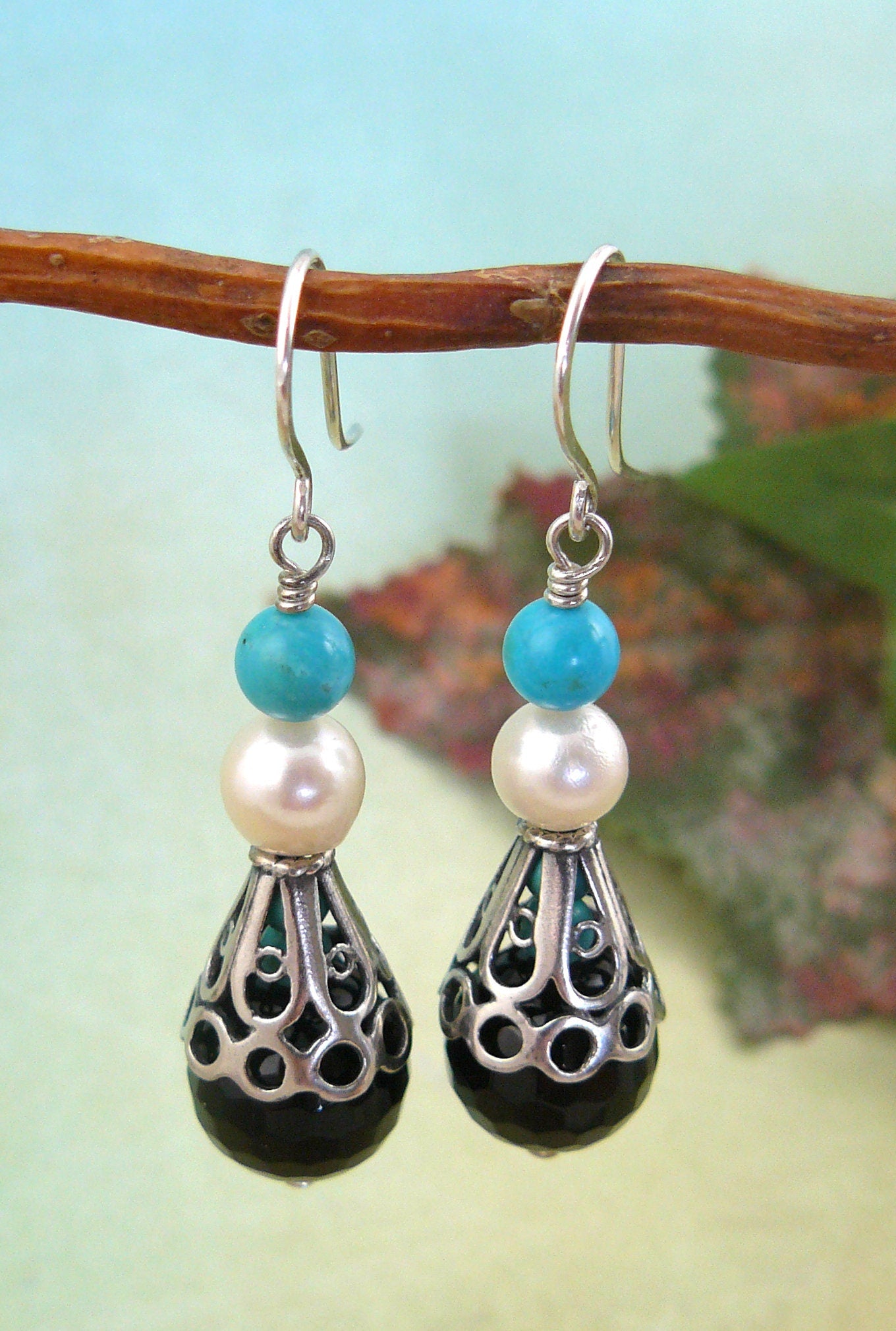 Romantic and Feminine Akoya Pearl, Onyx, Turquoise and Sterling Silver Dangle Earrings