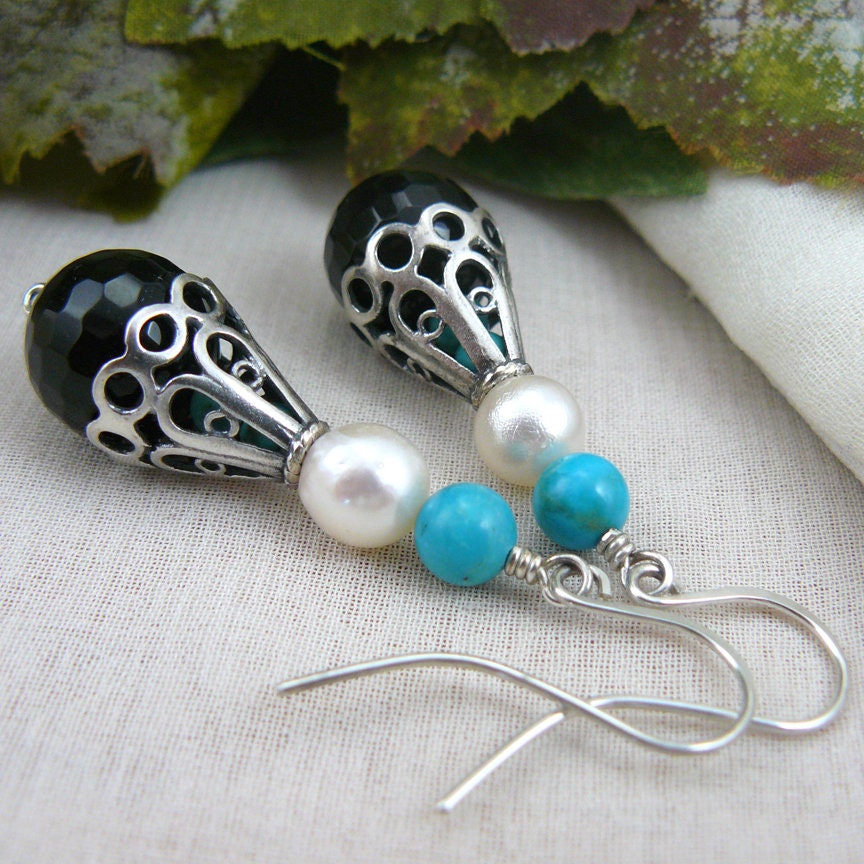 Romantic and Feminine Akoya Pearl, Onyx, Turquoise and Sterling Silver Dangle Earrings