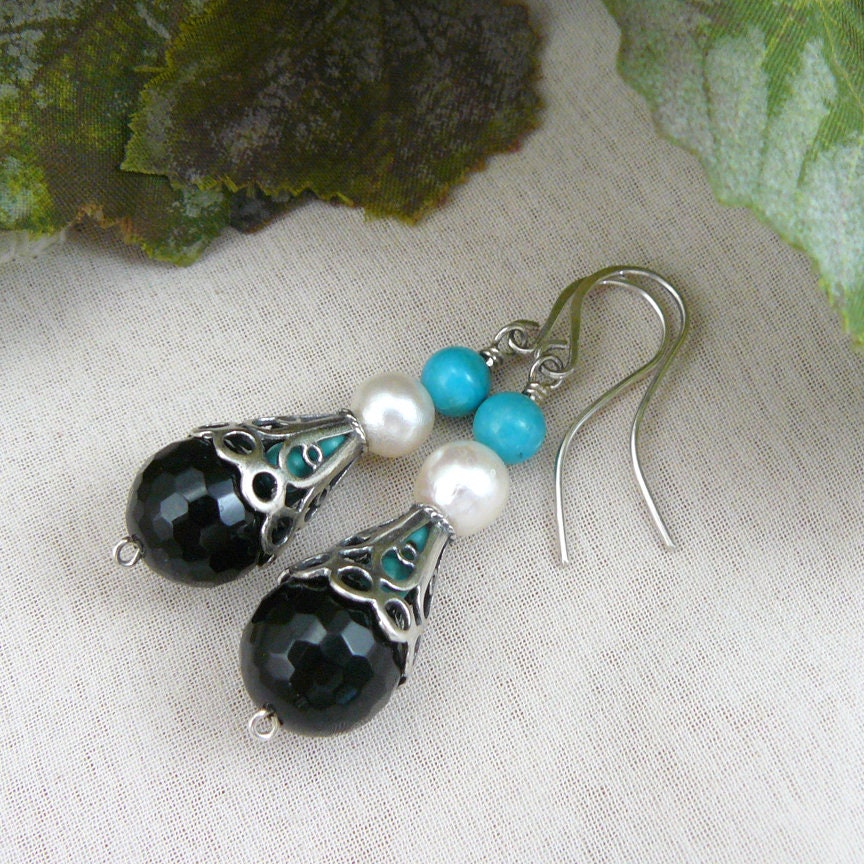 Romantic and Feminine Akoya Pearl, Onyx, Turquoise and Sterling Silver Dangle Earrings