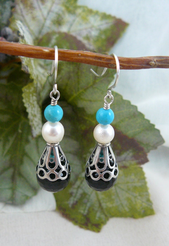 Romantic and Feminine Akoya Pearl, Onyx, Turquoise and Sterling Silver Dangle Earrings