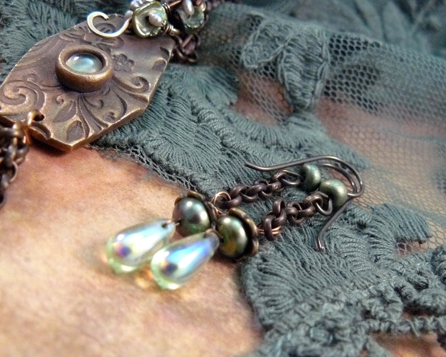 Bronze Floral Shield Pendant with Cubic Zirconia and Chain Tassel - Bronze Metal Clay Pendant and Earring Set