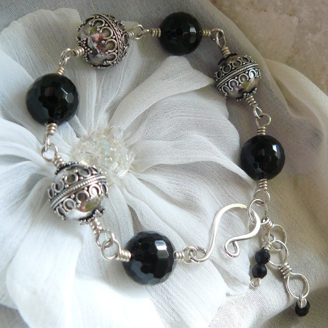 Medieval Mood ~ Black Onyx Bead and Sterling Silver Bali Bead Link Bracelet