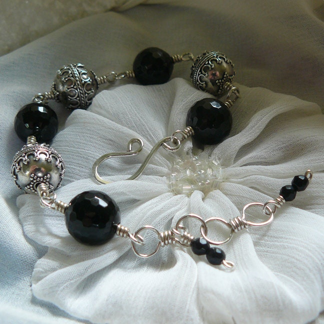 Medieval Mood ~ Black Onyx Bead and Sterling Silver Bali Bead Link Bracelet
