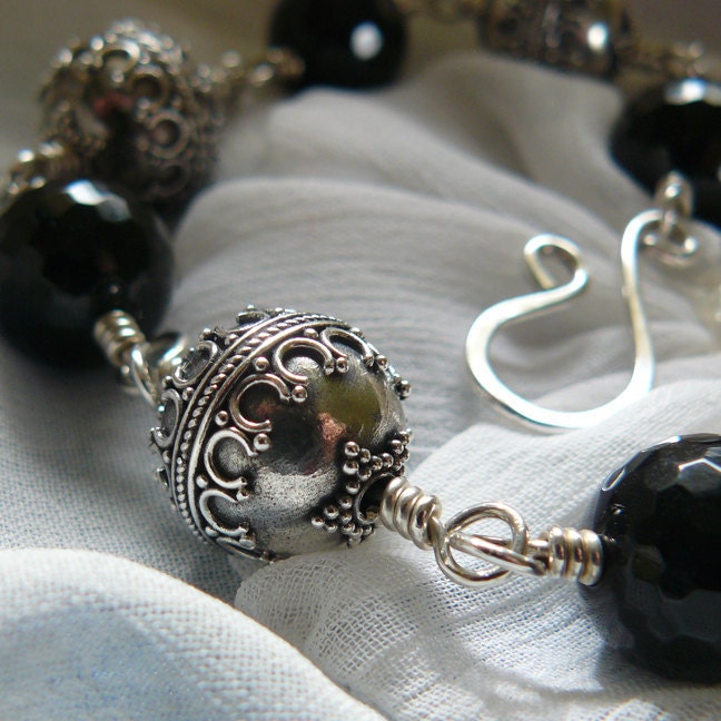 Medieval Mood ~ Black Onyx Bead and Sterling Silver Bali Bead Link Bracelet