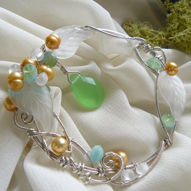 Lucite Leaf and Freshwater Pearl Wreath Style Wire Wrapped Sterling Silver Pin or Brooch