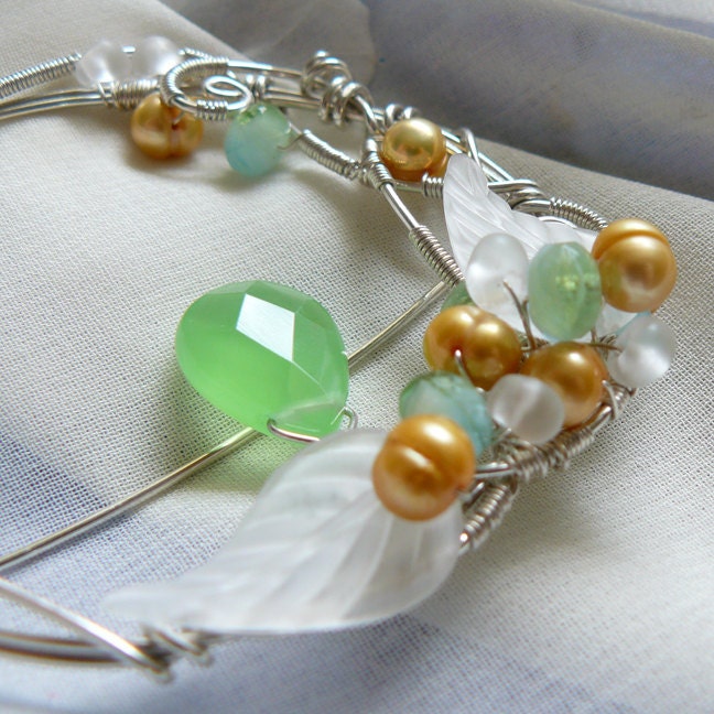 Lucite Leaf and Freshwater Pearl Wreath Style Wire Wrapped Sterling Silver Pin or Brooch