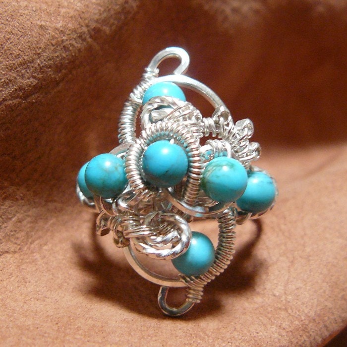 Swirls and Curves Wire Wrapped Turquoise Cluster Bead Ring ~ Size 7