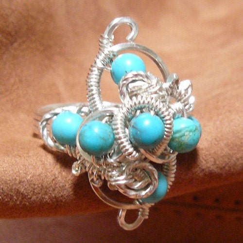 Swirls and Curves Wire Wrapped Turquoise Cluster Bead Ring ~ Size 7