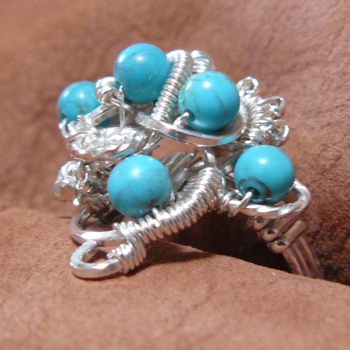Swirls and Curves Wire Wrapped Turquoise Cluster Bead Ring ~ Size 7