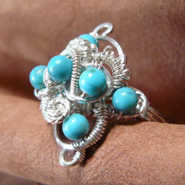 Swirls and Curves Wire Wrapped Turquoise Cluster Bead Ring ~ Size 7