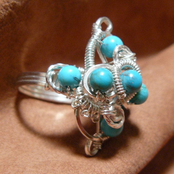 Swirls and Curves Wire Wrapped Turquoise Cluster Bead Ring ~ Size 7
