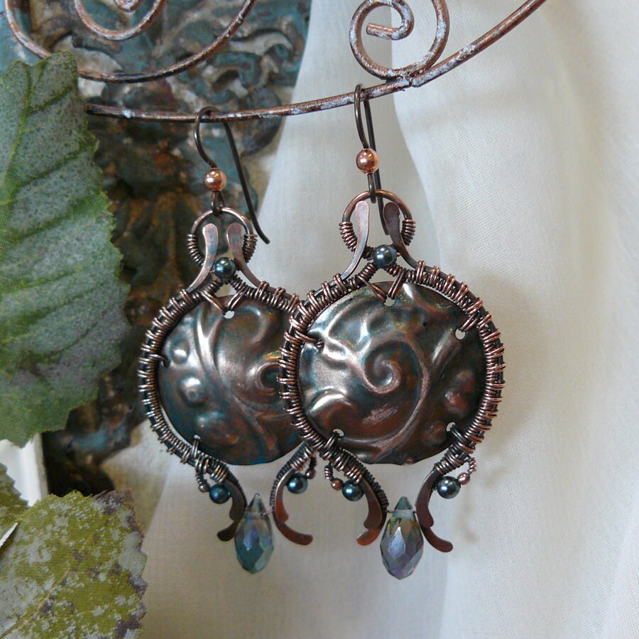 Floral Textured Copper Domed Shield Wire Weave Earrings