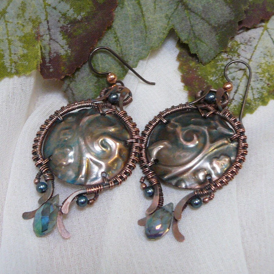 Floral Textured Copper Domed Shield Wire Weave Earrings