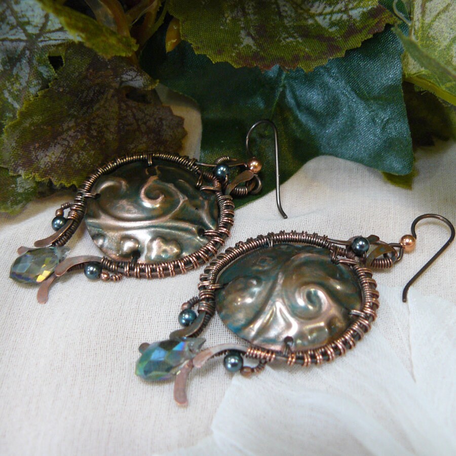Floral Textured Copper Domed Shield Wire Weave Earrings