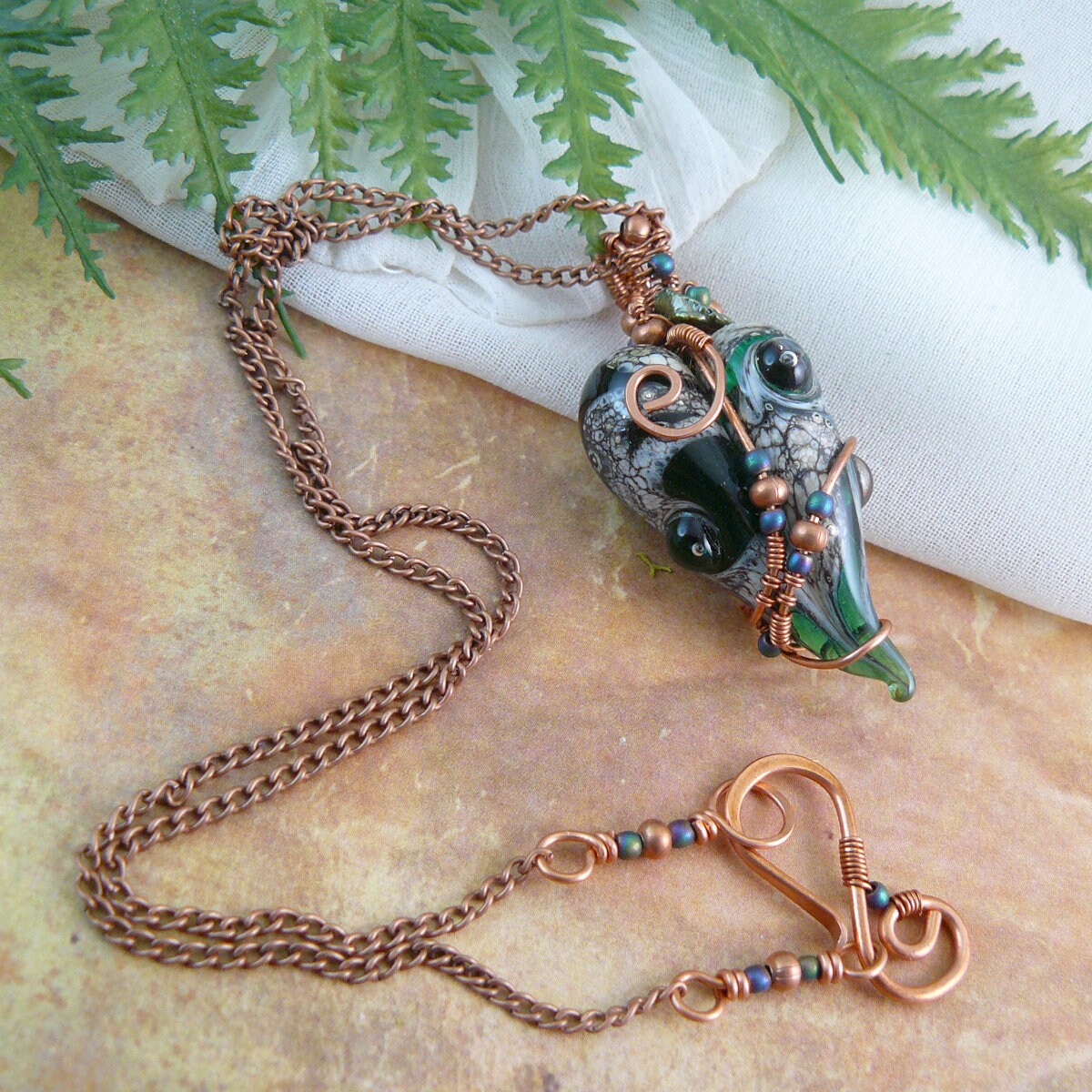 Freeform Whimsical Green Lampwork Art Glass Heart Pendant Wire Wrapped in Copper
