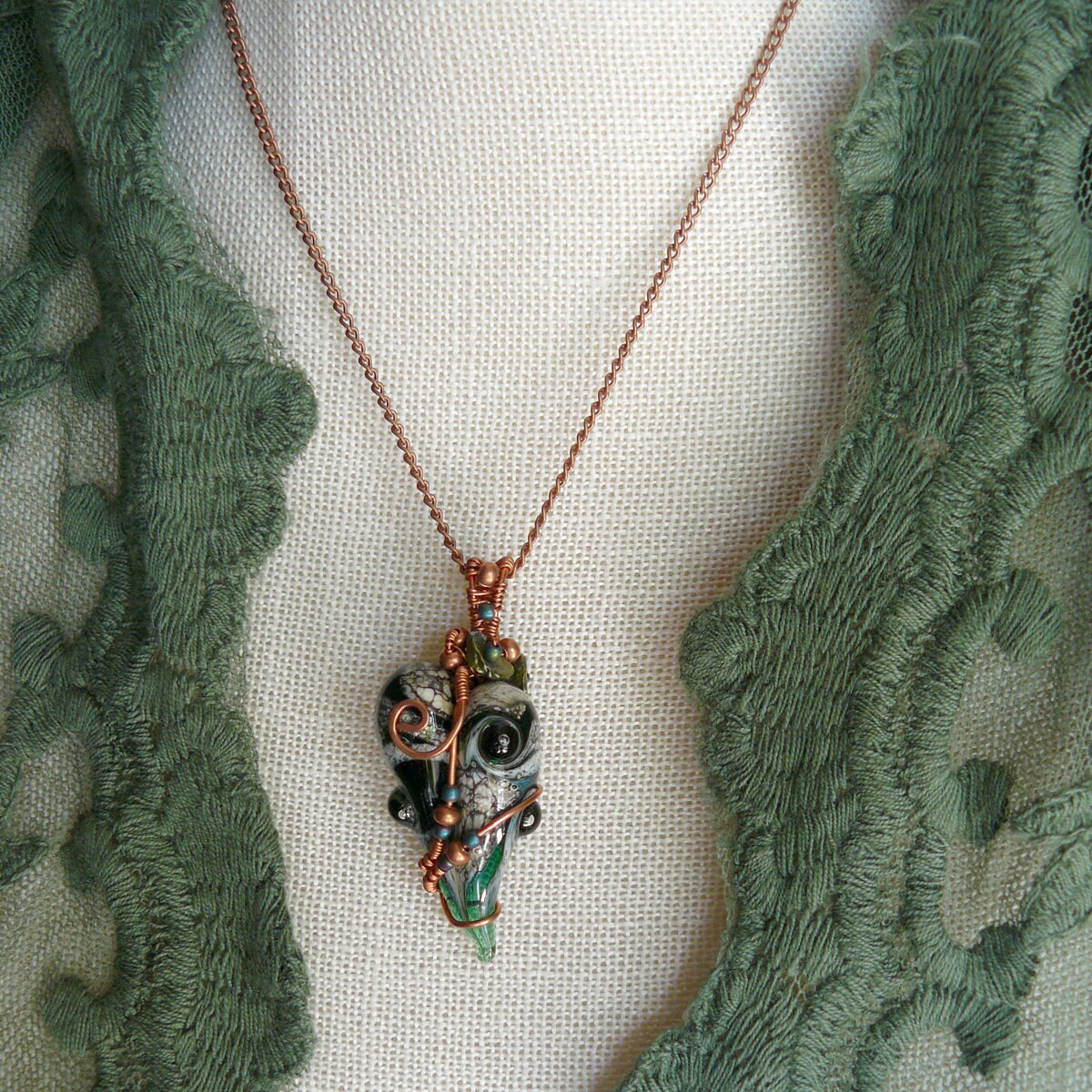 Freeform Whimsical Green Lampwork Art Glass Heart Pendant Wire Wrapped in Copper