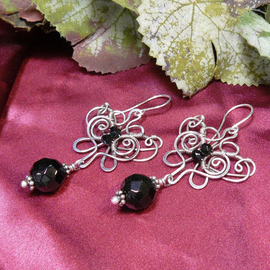 Sterling Silver butterfly and Onyx Wire Wrapped Dangle Earrings