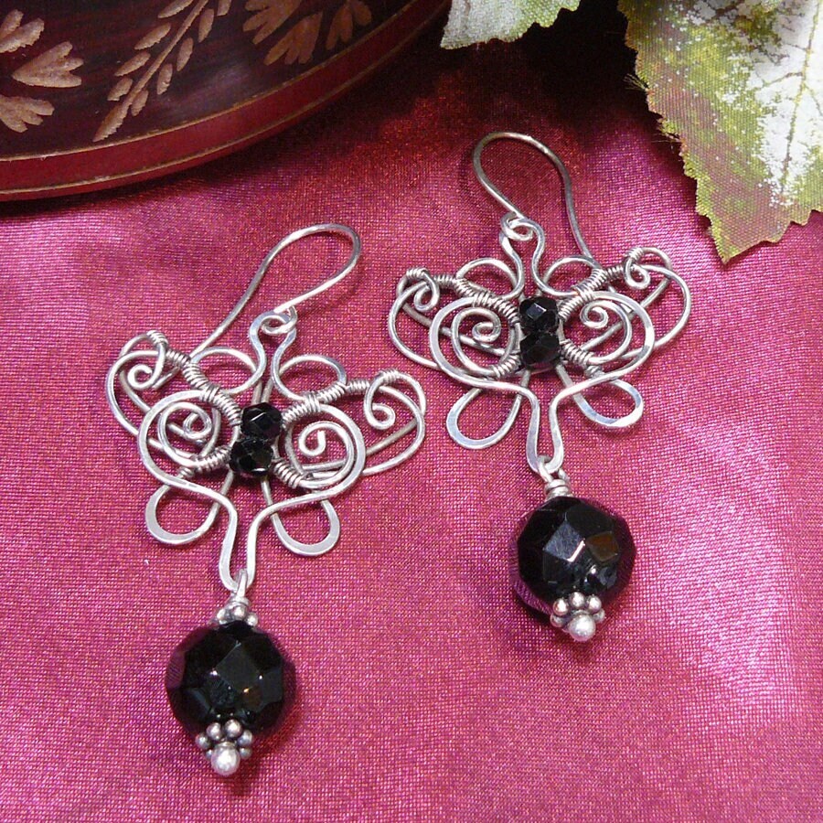 Sterling Silver butterfly and Onyx Wire Wrapped Dangle Earrings