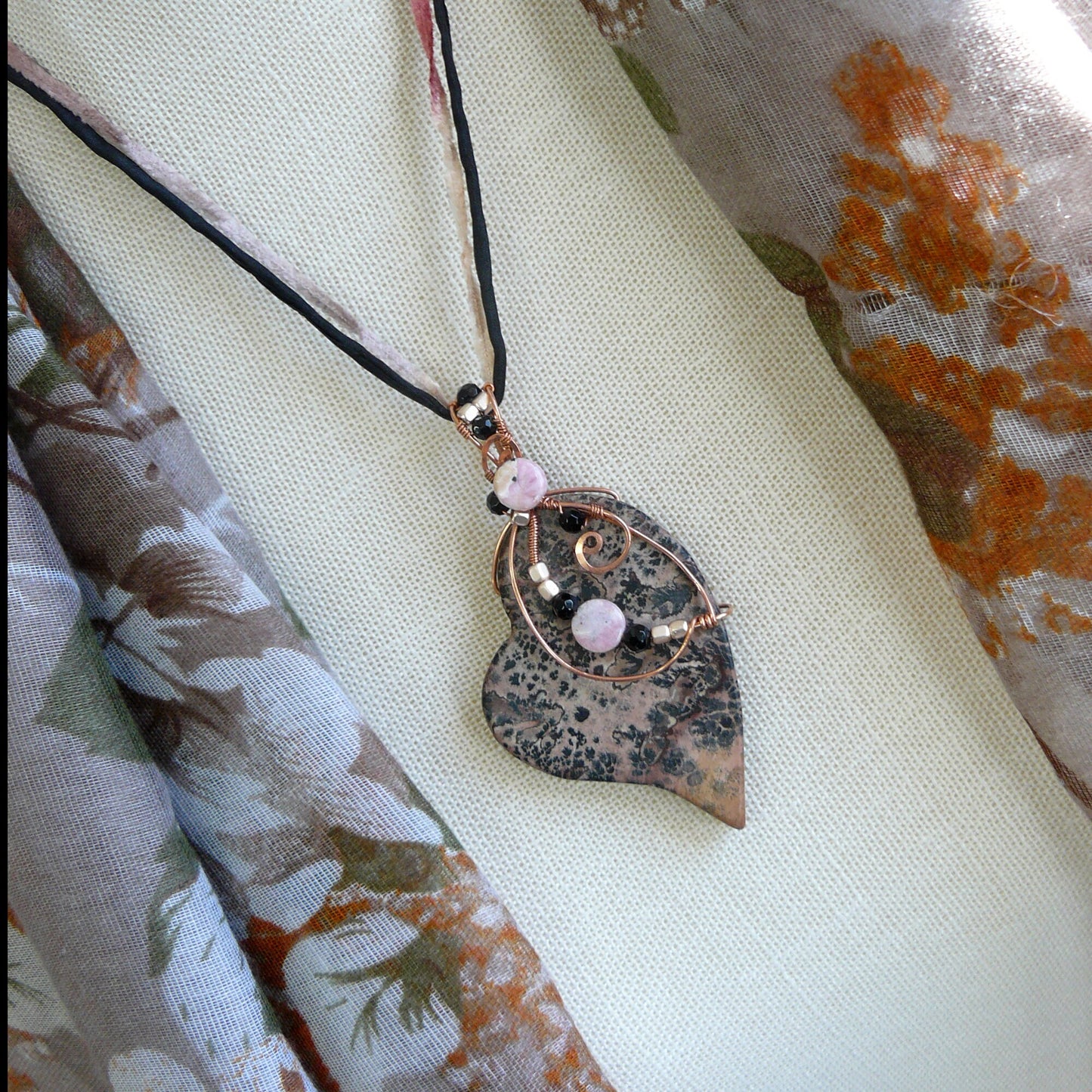 Chohua Jasper Wire Wrapped Heart Pendant With Rhodocrosite and Black Onyx