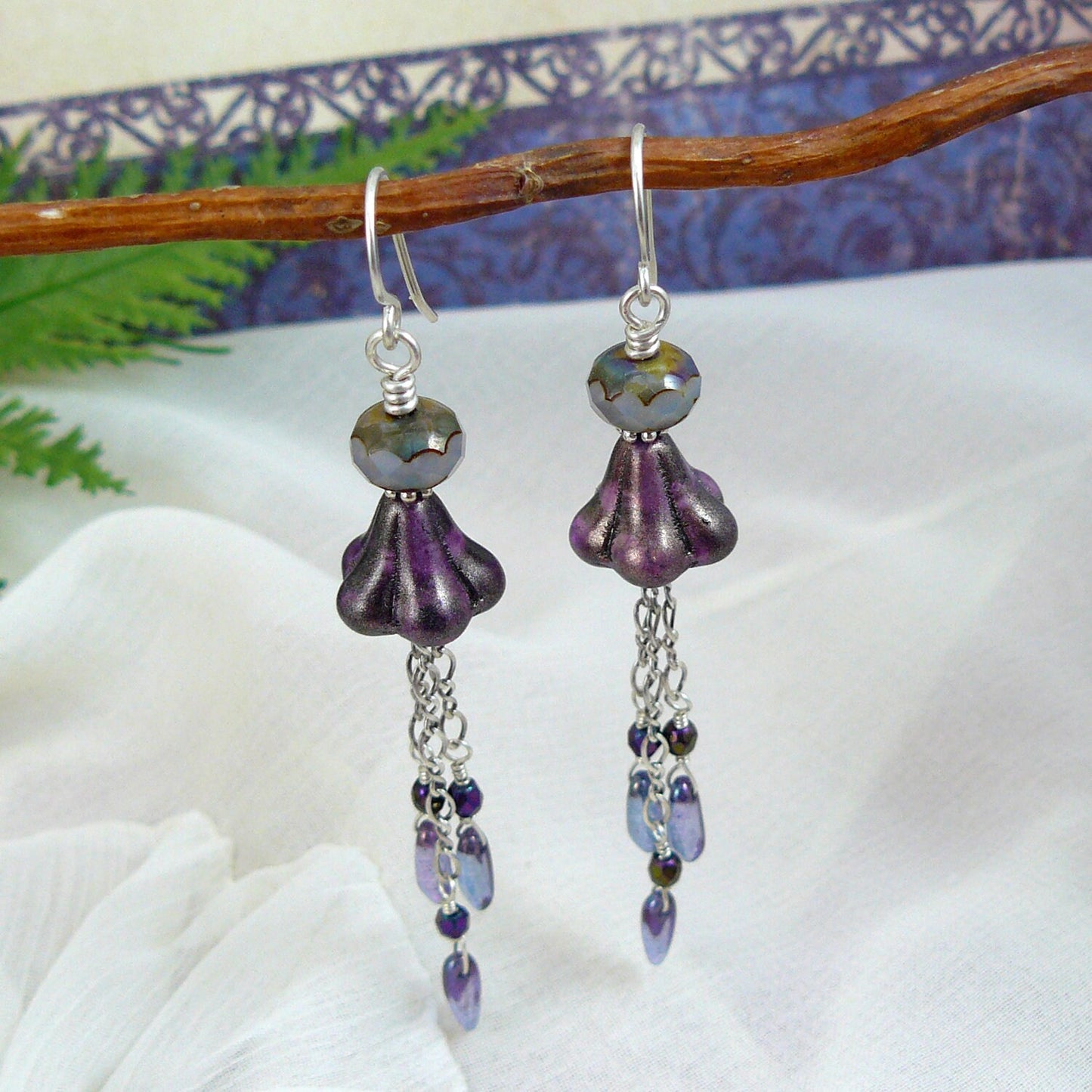 Czech Glass Bell Flower Bead and Dagger Waterfall Cascade Dangle Earrings