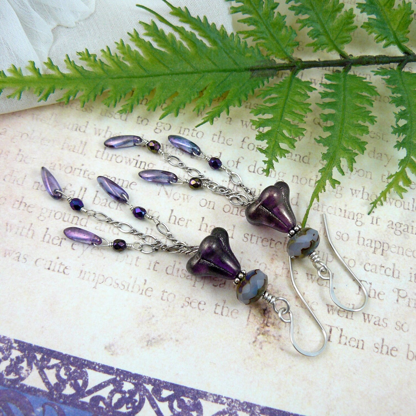 Czech Glass Bell Flower Bead and Dagger Waterfall Cascade Dangle Earrings