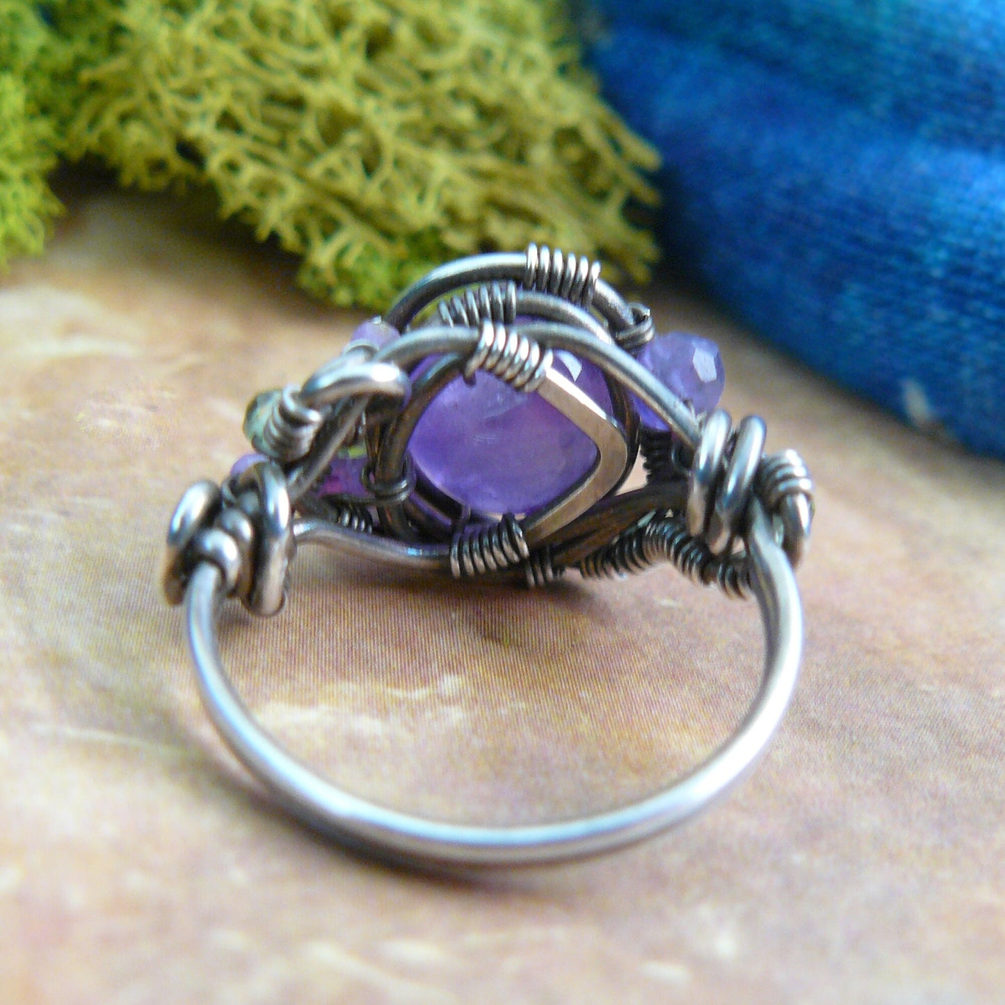 Amethyst Peridot and Phosphosiderite Sterling Silver Wire Wrapped Bead Ring - Size 7.5