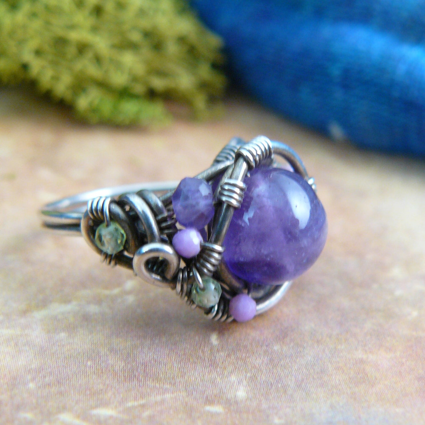 Amethyst Peridot and Phosphosiderite Sterling Silver Wire Wrapped Bead Ring - Size 7.5