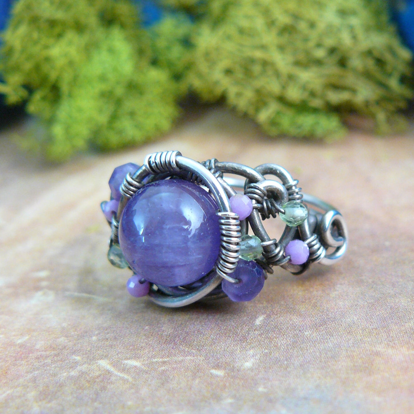 Amethyst Peridot and Phosphosiderite Sterling Silver Wire Wrapped Bead Ring - Size 7.5