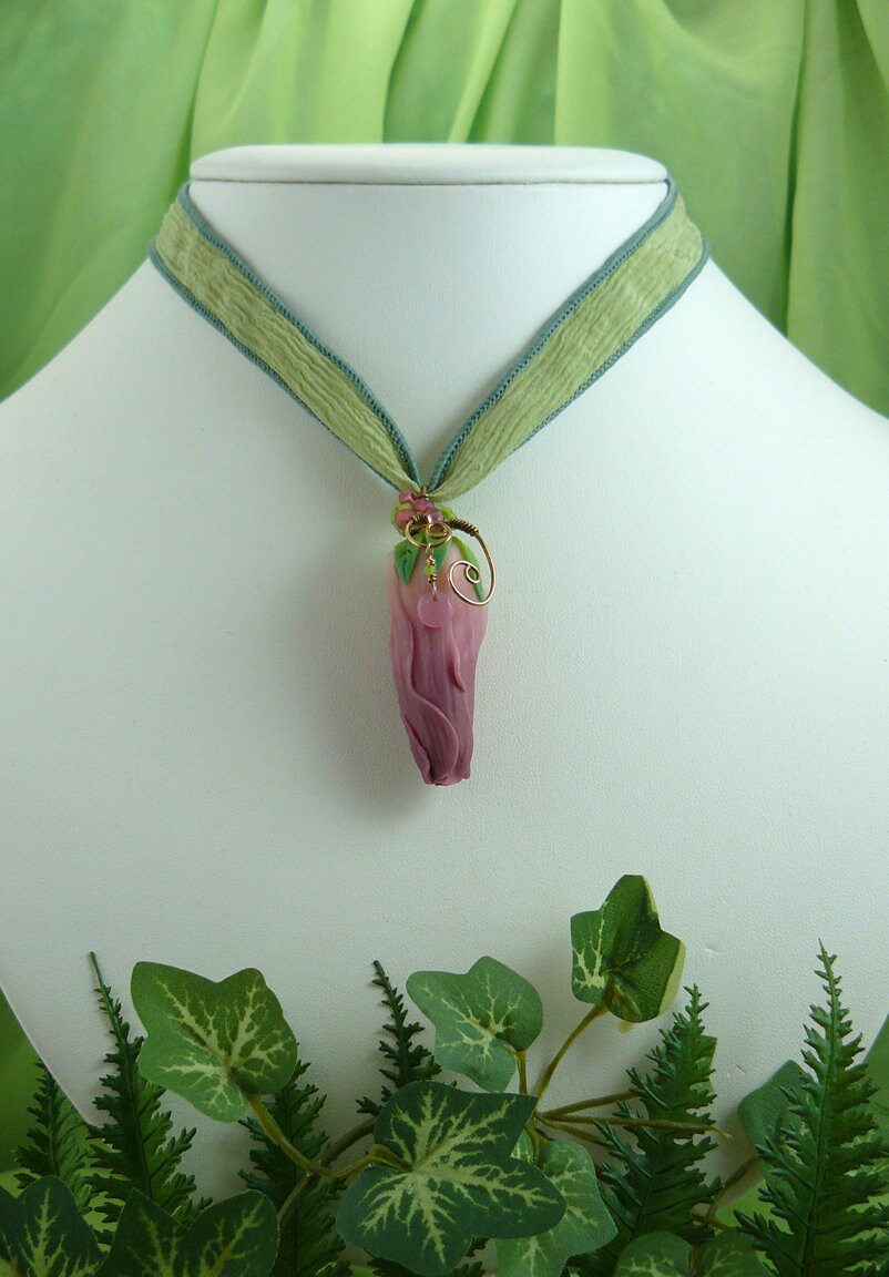 Dusty Rose Hibiscus Bud Polymer Clay Wire Wrapped Pendant
