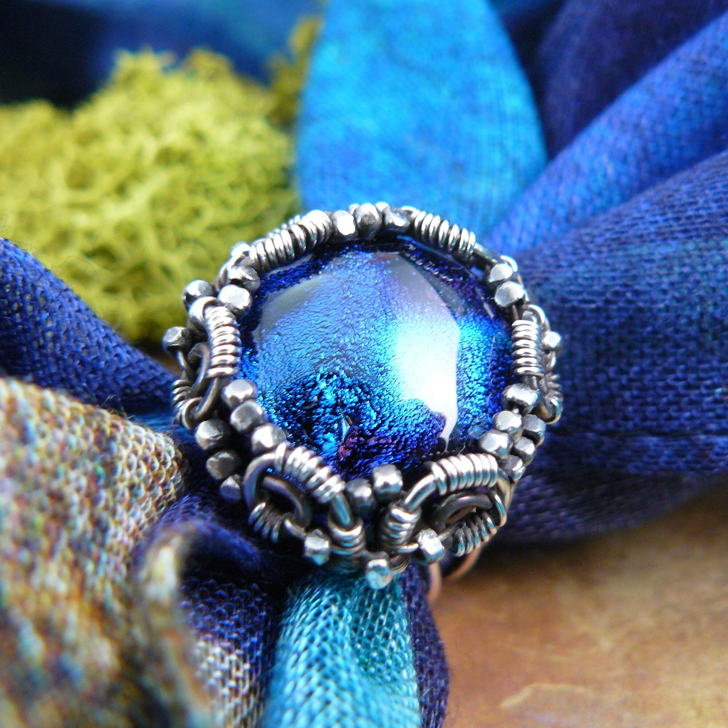 Mysterious Electric Blue Dichroic Glass Wire Wrapped Ring - size 7 1/2 US
