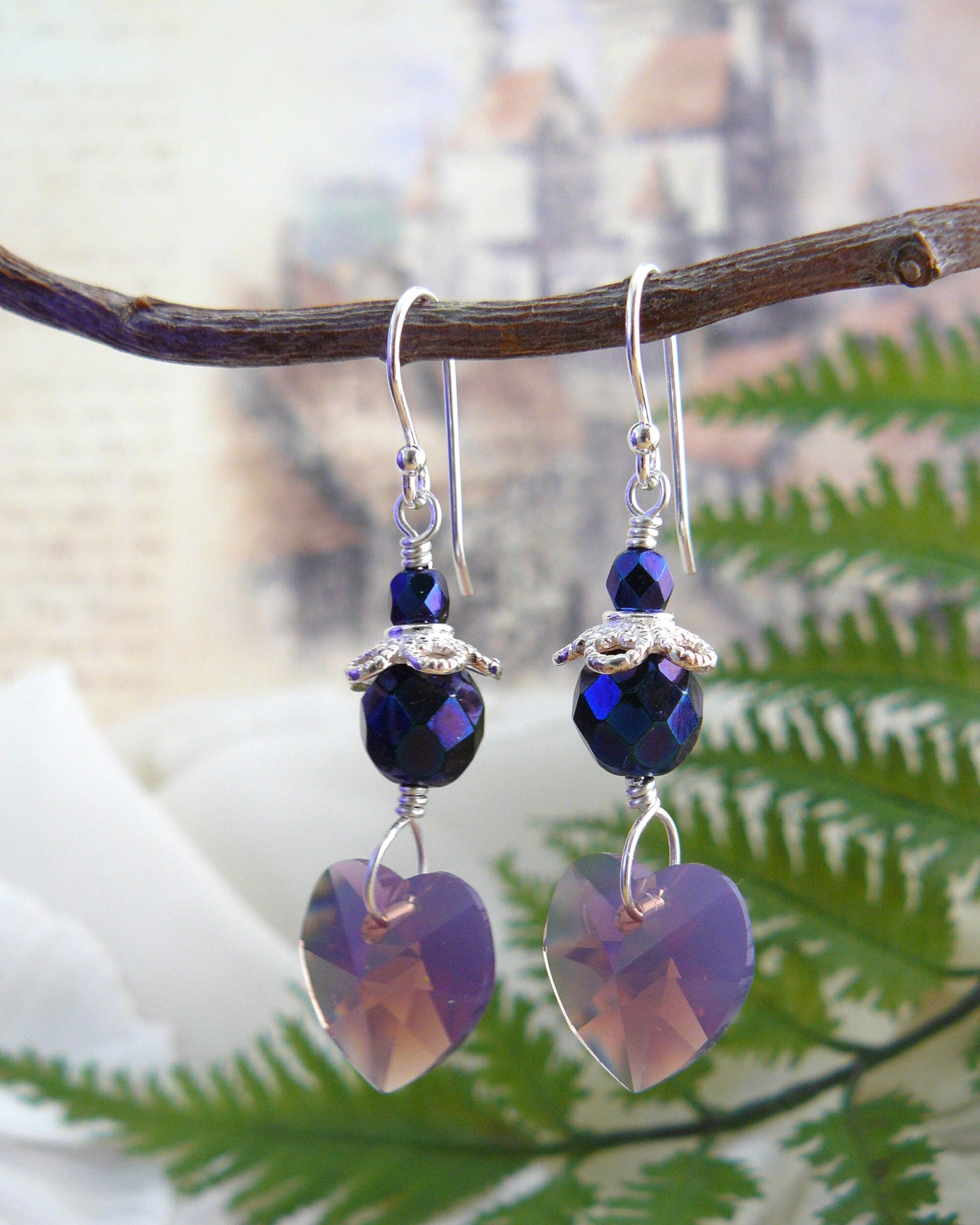 Cyclamen Opal Swarovski Heart Dangle Earrings