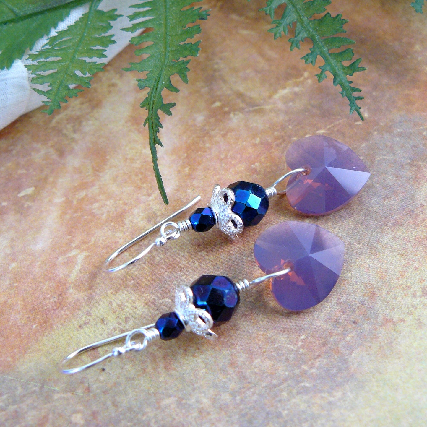 Cyclamen Opal Swarovski Heart Dangle Earrings