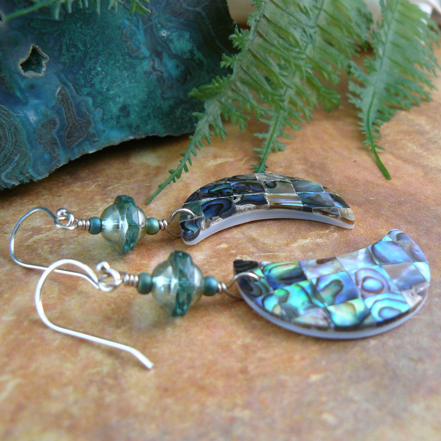 Abalone Mosaic Crescent Moon Earrings