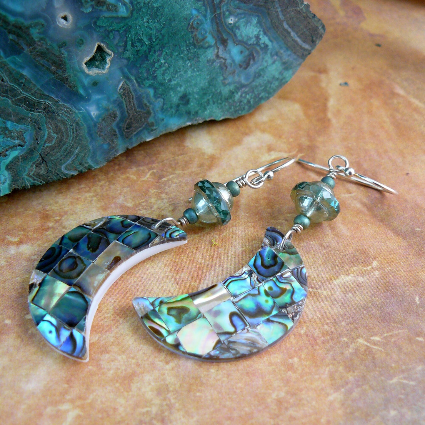 Abalone Mosaic Crescent Moon Earrings