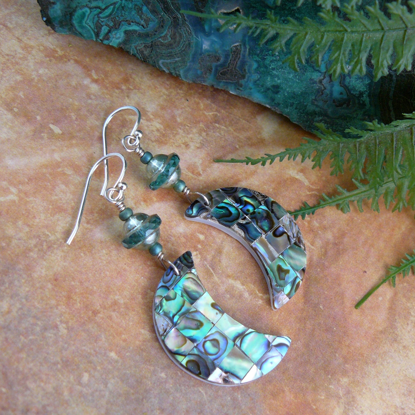 Abalone Mosaic Crescent Moon Earrings