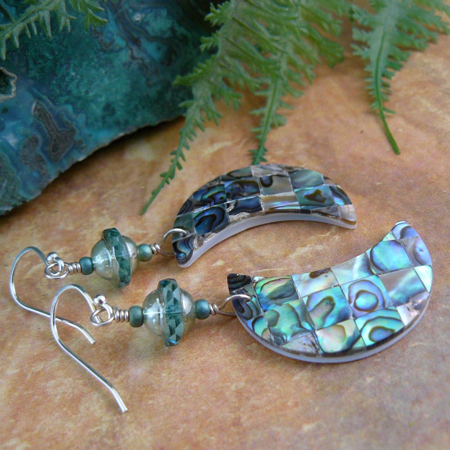Abalone Mosaic Crescent Moon Earrings